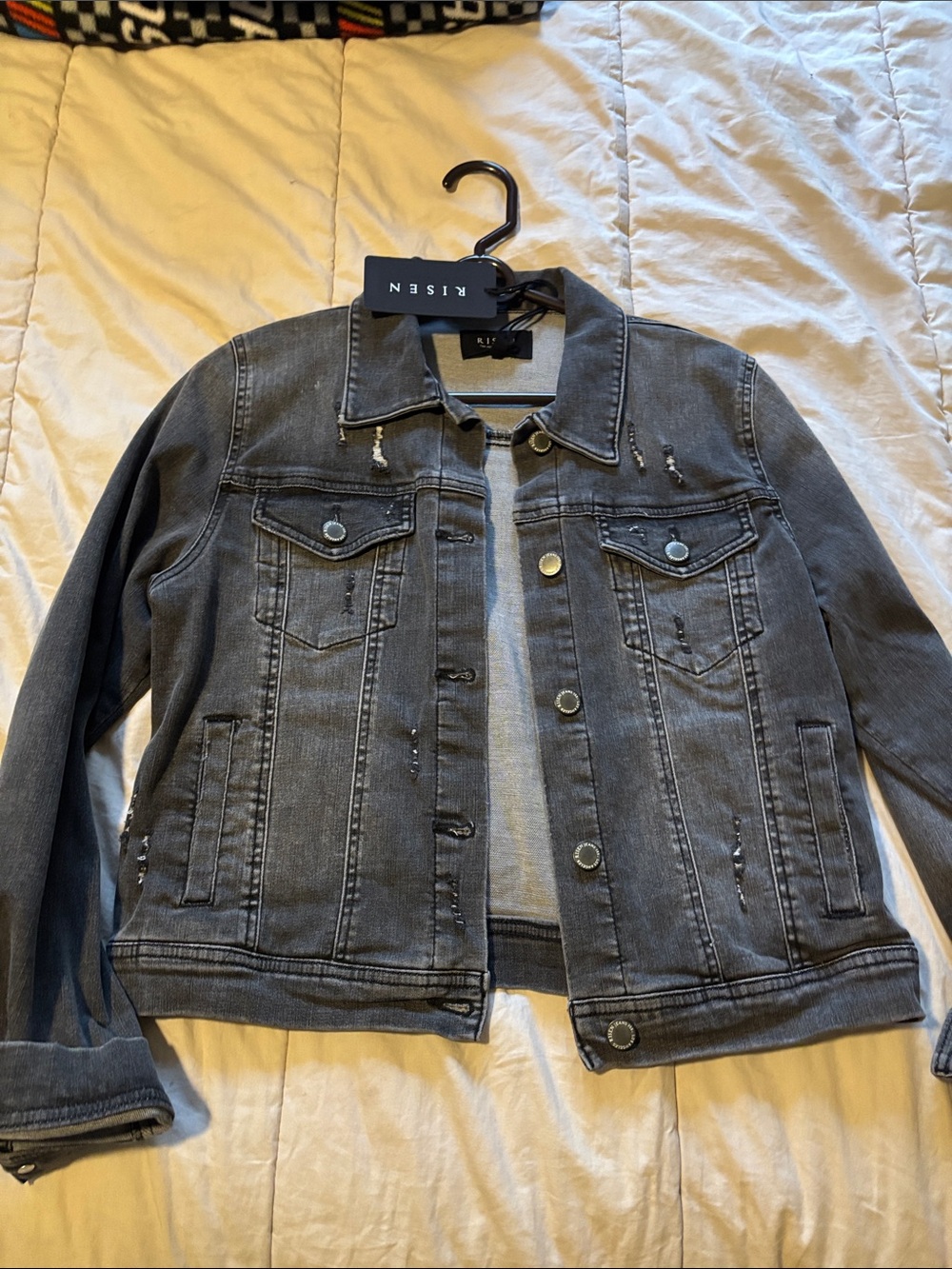 Risen Women's Washed Black Distressed Denim Jacket